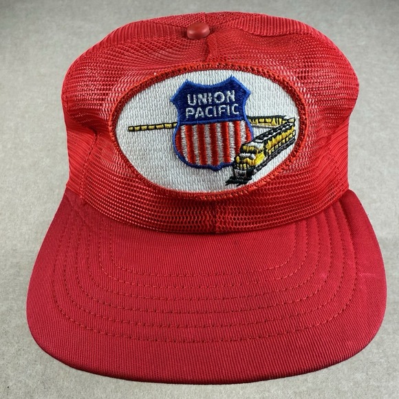Vintage‎ Union Pacific Railroad Train Hat Red Mesh Trucker Cap Made in USA